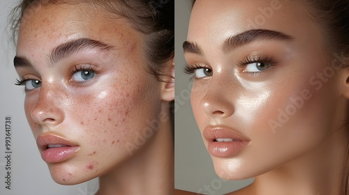 Wallpaper Mural Close-up of a model with acne scars, bare skin under natural lighting, followed by a transformation shot with flawless makeup coverage, soft glam finish Torontodigital.ca