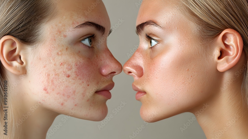 Acne resolution comparison left side with inflamed bumps and uneven texture, right side clear skin with no visible pores and healthy tone Acne resolution comparison left side with inflamed bumps and uneven texture, right side clear skin with no visible pores and healthy tone