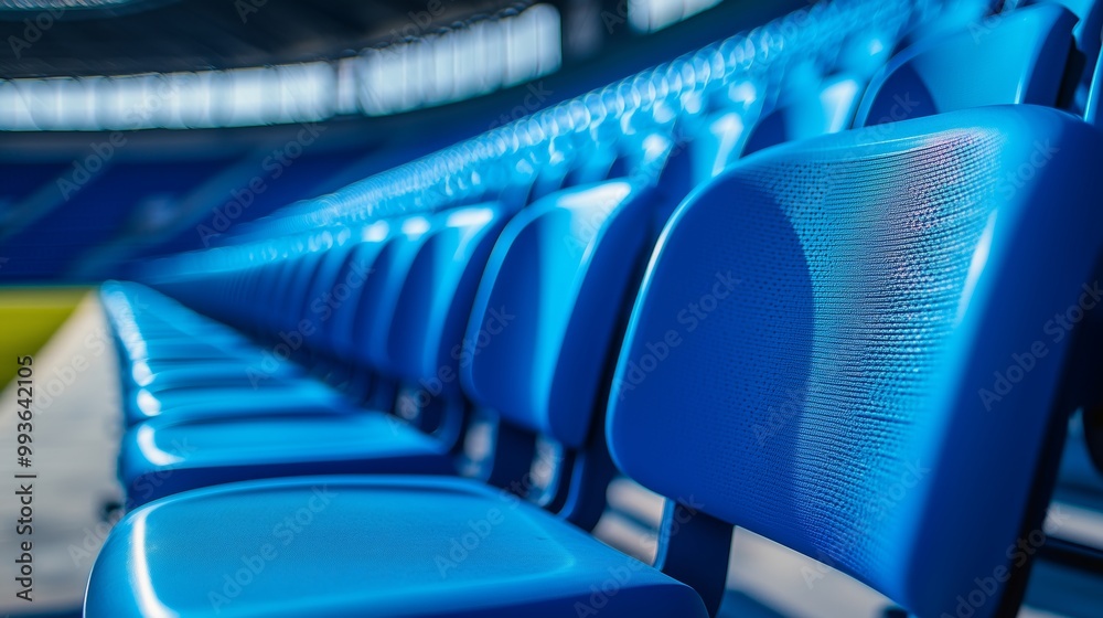 Fototapeta premium Photograph of empty blue seats in an outdoor stadium, taken with a telephoto lens in natural lighting