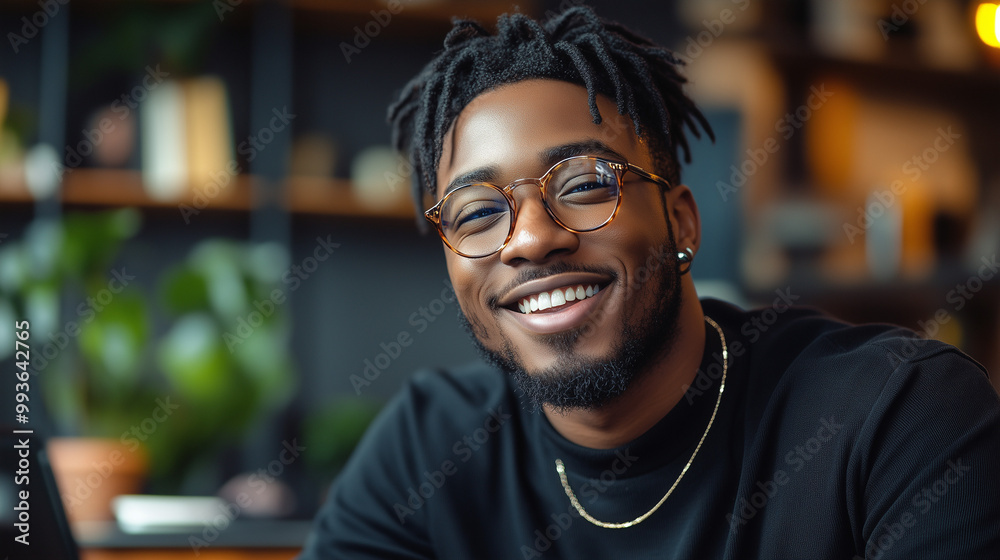 Smiling Young Man in Casual Setting with Stylish Glasses & Dreadlocks Smiling Young Man in Casual Setting with Stylish Glasses & Dreadlocks