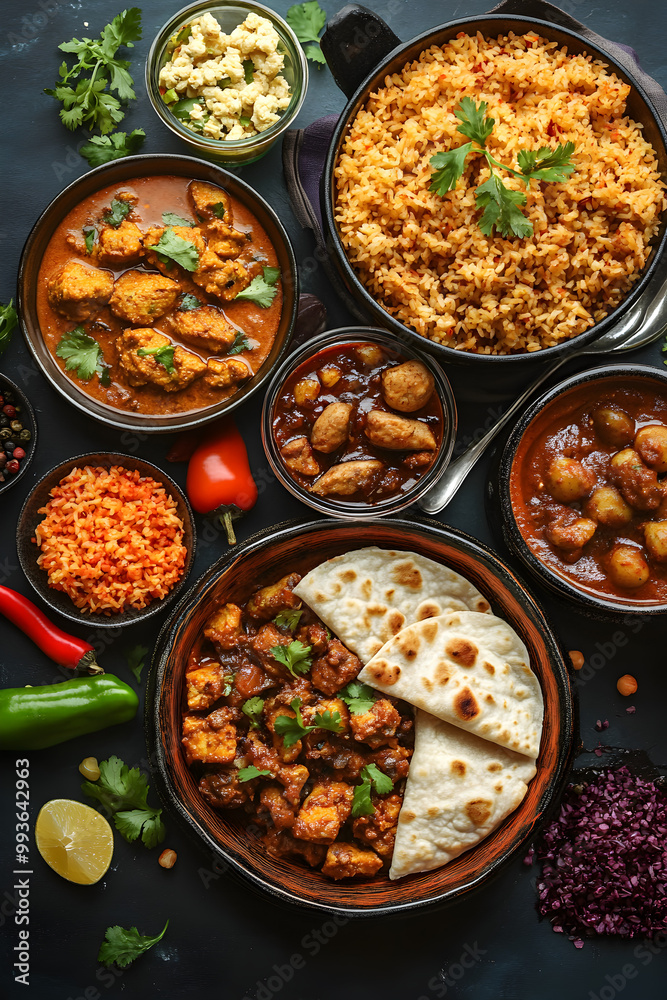 Traditional Indian dishes with curry, rice, and naan bread Traditional Indian dishes with curry, rice, and naan bread