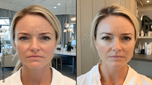 Botox transformation, highlighting frown lines and crow's feet before, with a rejuvenated, wrinkle-free appearance post-treatment photo