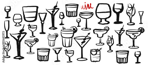 Isolated vector set of wine and alcoholic beverage glasses and tumblers. Hand drawn sketch.Red and black drawing on white background.Cocktails, martini, whiskey, cognac, vodka, gin tonic, beer, brandy
