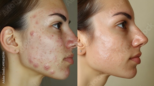 Before-and-after comparison of a patient with hormonal acne treated through laser therapy, showing skin clearing after multiple treatments
