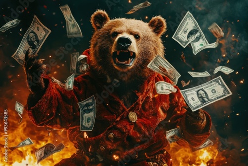 Furious Bear-Human in Formal Attire Destroying Dollar Bills photo