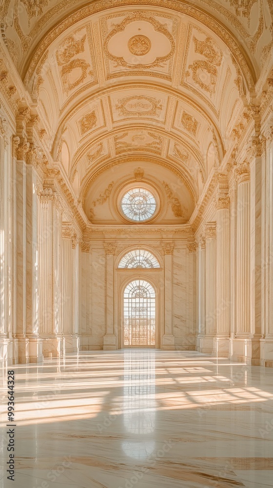 Obraz premium Spacious marble hall with towering columns, arched ceilings, and streaming sunlight
