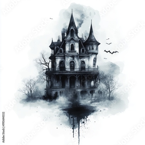 Watercolor gothic haunted house, black and gray color palette, clip art style on white background  photo