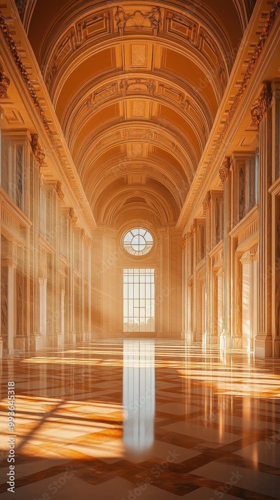 Fototapeta premium Spacious marble hall with towering columns, arched ceilings, and streaming sunlight