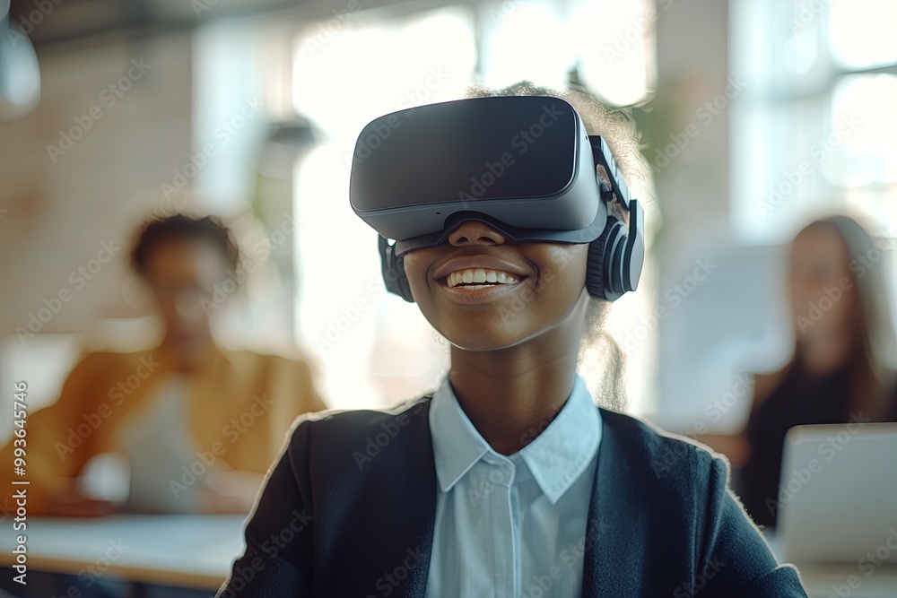 Young Girl Experiences Virtual Reality While Smiling in a Bright Learning Environment During a Technology Workshop Young Girl Experiences Virtual Reality While Smiling in a Bright Learning Environment During a Technology Workshop