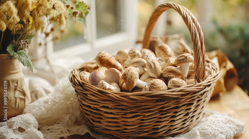 basket of different edible mushrooms in the wicker basket on wooden table in sunligh. Copy space. Fresh organic eatable mushrooms collected in the forest. Autumn harvest. Side view. mushrooms season basket of different edible mushrooms in the wicker basket on wooden table in sunligh. Copy space. Fresh organic eatable mushrooms collected in the forest. Autumn harvest. Side view. mushrooms season