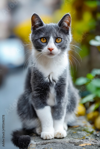 A gray and white cat sitting on top of a stone wall