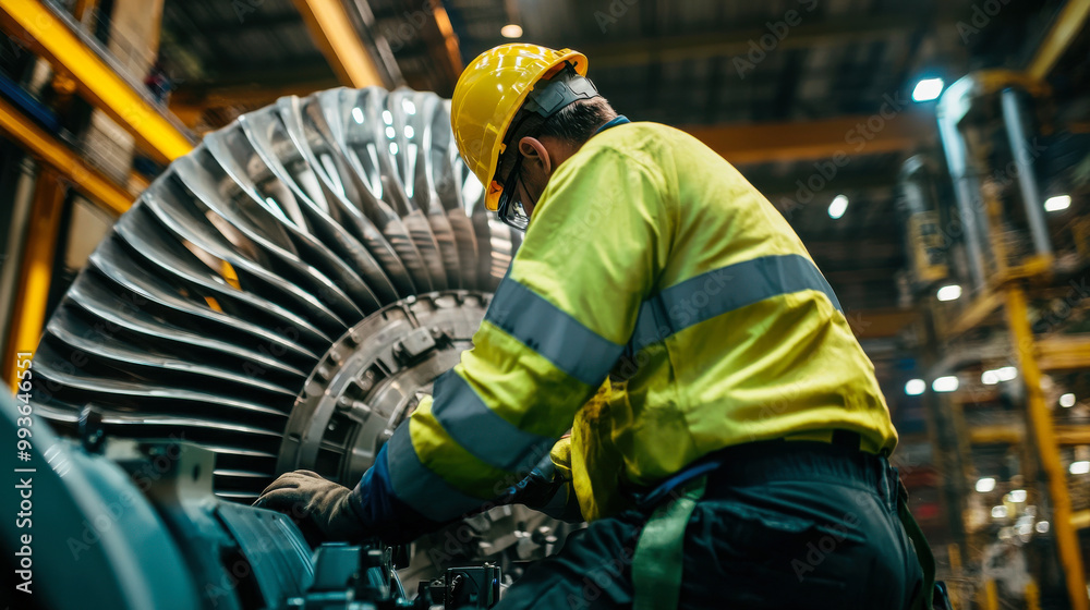maintenance engineer is focused on performing tasks on large turbine in industrial setting, showcasing dedication and expertise maintenance engineer is focused on performing tasks on large turbine in industrial setting, showcasing dedication and expertise