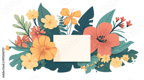 A beautiful arrangement of flowers and leaves with a simple note card. It's a flat design, showing the beauty of nature. photo