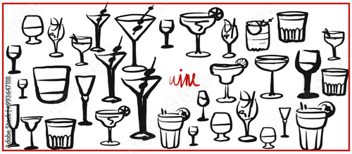 Isolated vector set of wine and alcoholic beverage glasses and tumblers. Hand drawn sketch.Red and black drawing on white background.Cocktails, martini, whiskey, cognac, vodka, gin tonic, beer, brandy