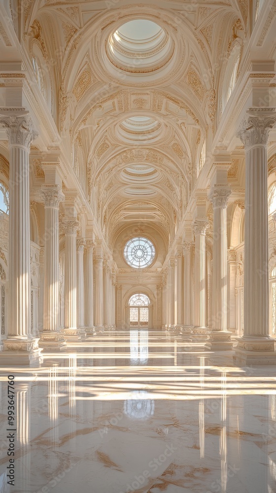 Fototapeta premium Spacious marble hall with towering columns, arched ceilings, and streaming sunlight