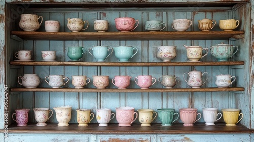 Wallpaper Mural Vintage Teacups Displayed on Rustic Shelves Torontodigital.ca