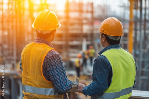A structural engineer and site manager working together on a construction project at a building complex