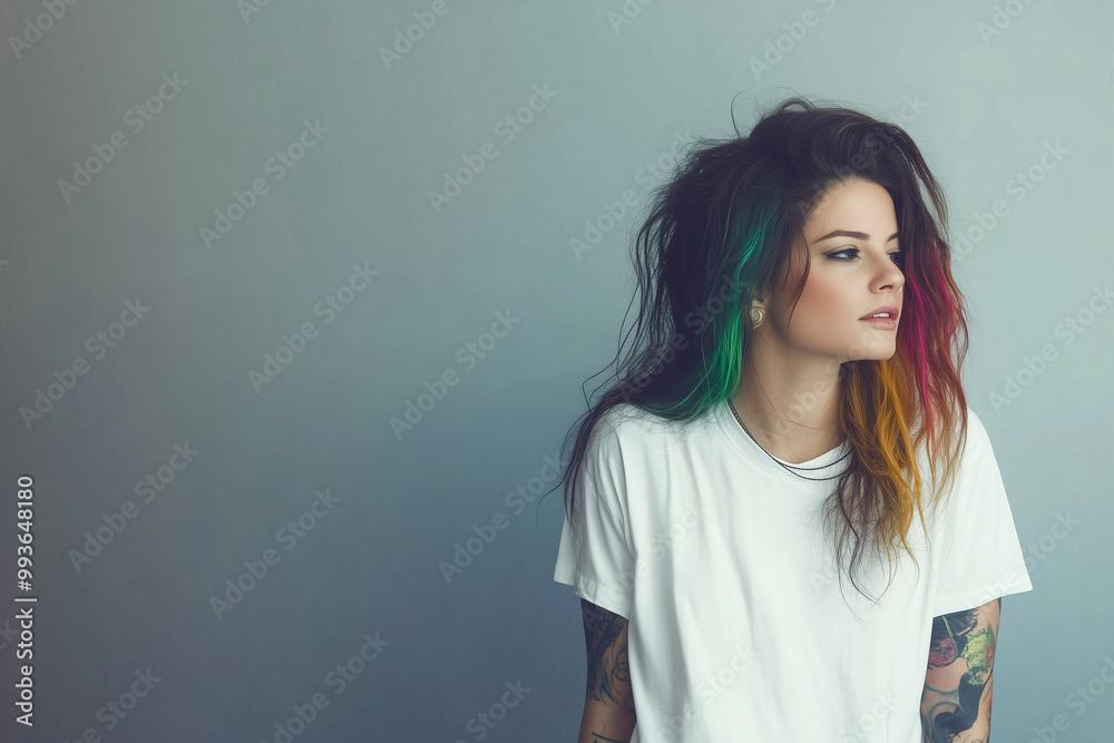 Fototapeta premium a beautiful brunette wearing a plain oversized white tshirt with space for a design on front, give her a rocker chic style and rainbow hair.Blank space for copying on the left