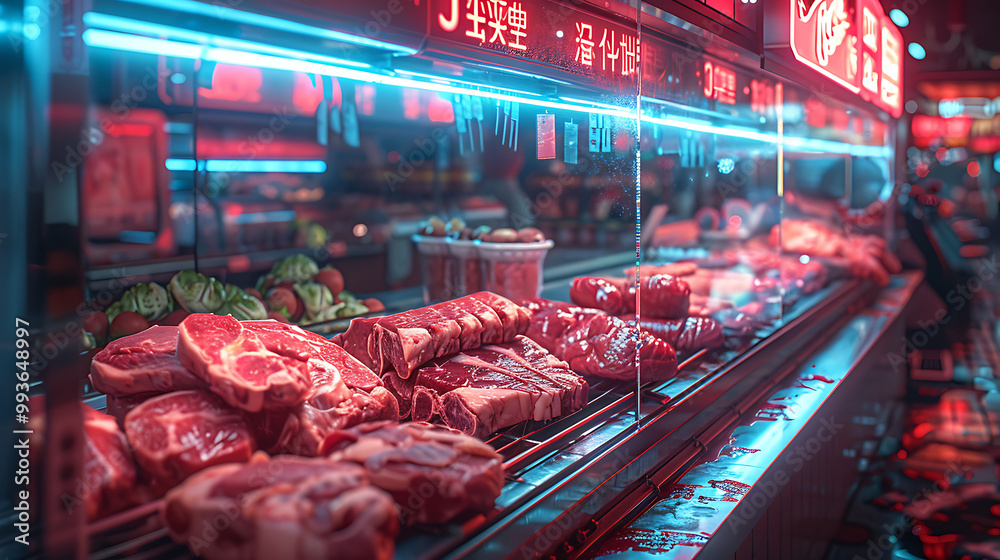 Meat aisle with various cuts displayed in a refrigerated grocery section. close-up of a meat fridge in a grocery store filled with various cuts of fresh meat various cuts of beef, pork and other meats Meat aisle with various cuts displayed in a refrigerated grocery section. close-up of a meat fridge in a grocery store filled with various cuts of fresh meat various cuts of beef, pork and other meats