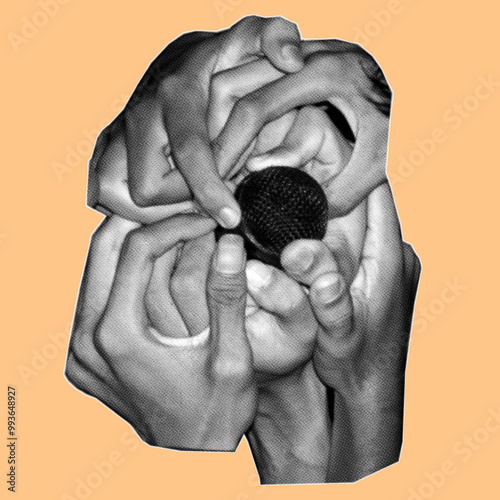 close up of many hands holding microphone pixelate grayscale color halftone dotted texture style collage element isolated on orange background