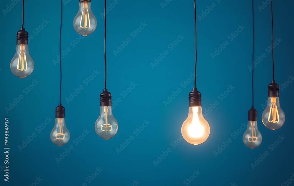 A blue background with hanging light bulbs, one of which is glowing bright and shining, symbolizing the idea that innovation comes from ideas being illuminated. A blue background with hanging light bulbs, one of which is glowing bright and shining, symbolizing the idea that innovation comes from ideas being illuminated.