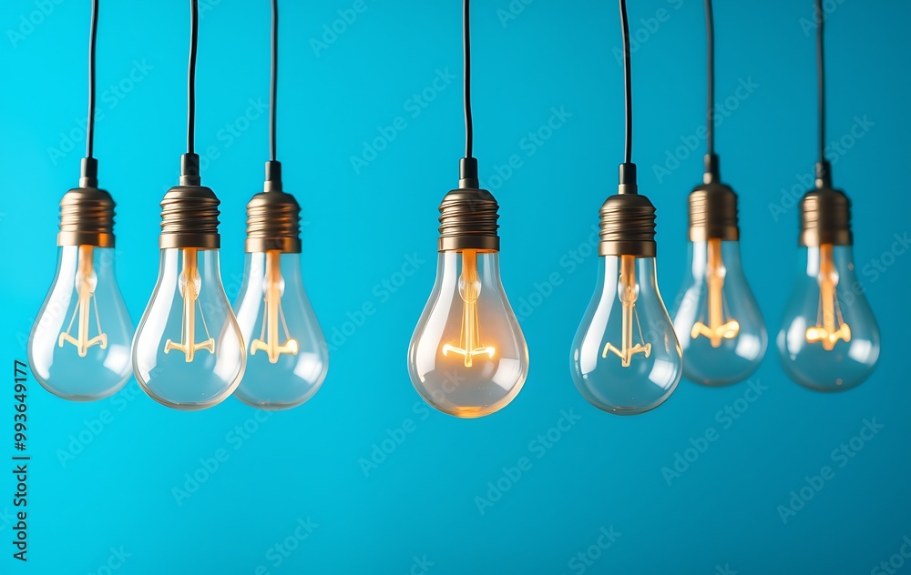 A blue background with hanging light bulbs, one of which is glowing bright and shining, symbolizing the idea that innovation comes from ideas being illuminated. A blue background with hanging light bulbs, one of which is glowing bright and shining, symbolizing the idea that innovation comes from ideas being illuminated.