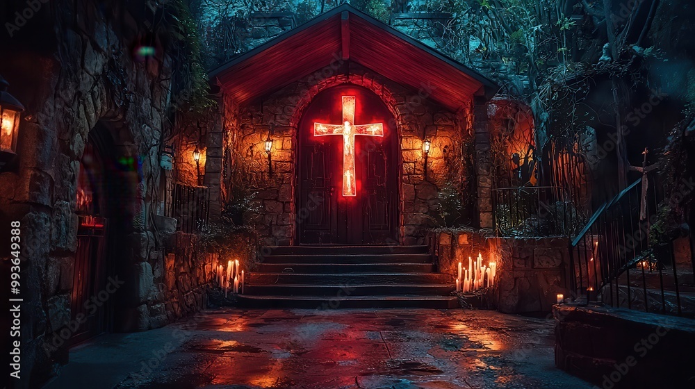 Atmospheric Church with Red Cross and Flickering Candles Atmospheric Church with Red Cross and Flickering Candles