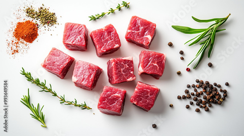 Realistic photograph of multiple pieces of fresh meat cut into small cubes, arranged on a white background with some spices scattered around them, emphasizing the freshness and qua photo