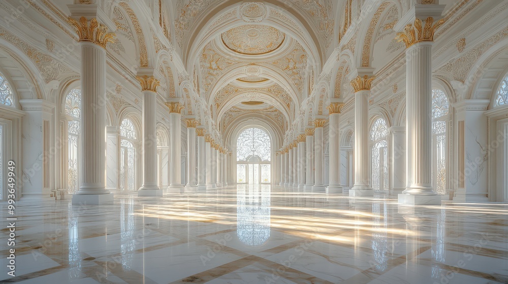 Fototapeta premium Spacious marble hall with towering columns, arched ceilings, and streaming sunlight