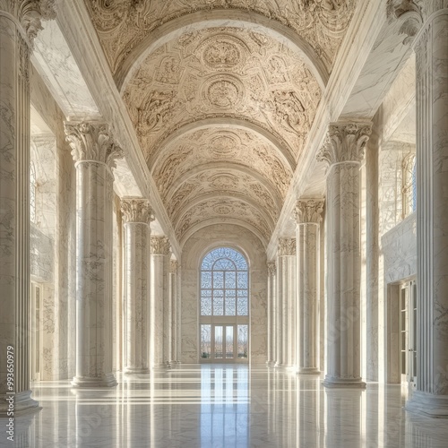 Spacious marble hall with towering columns  arched ceilings  and streaming sunlight