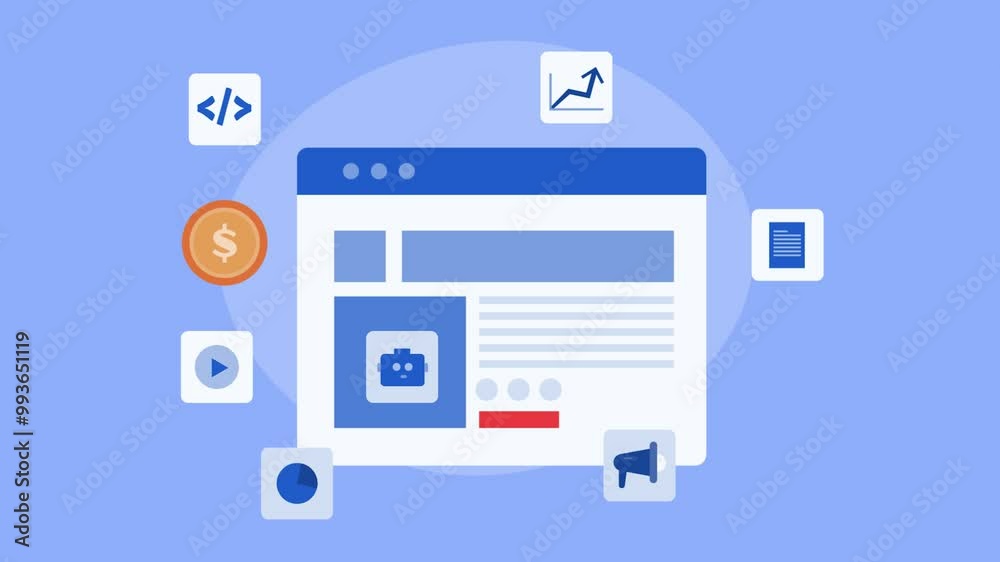 Website driven by AI algorithm, improve website coding, analytics and user experience. E-business revenue growth with information technology video animation clip. Website driven by AI algorithm, improve website coding, analytics and user experience. E-business revenue growth with information technology video animation clip.