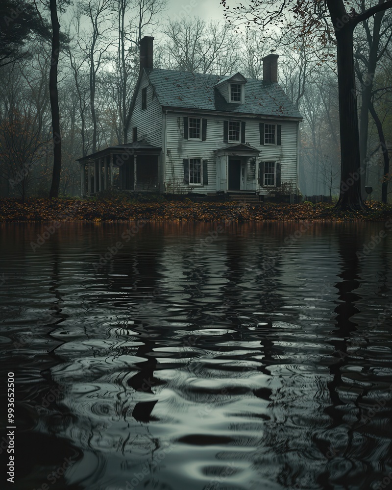 Fototapeta premium Eerie House by a Misty Water Body