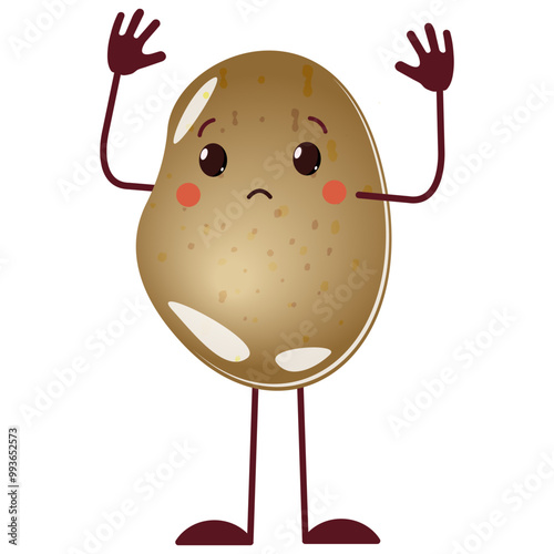 potato character cartoon with shocked gesture, hand up pose, cute face scared. .