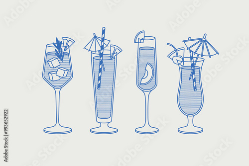 Aperol Spritz, Sex on the Beach, Bellini, Blue Hawaiian, and cocktails. Line art, retro. Vector illustration for bars, cafes, and restaurants.