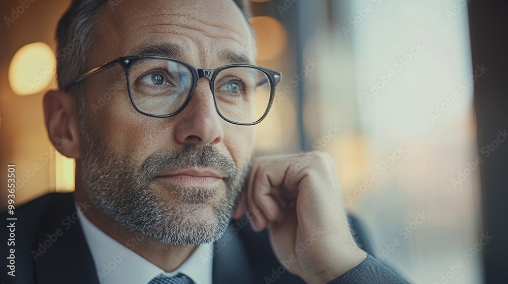 A thoughtful man in glasses, dressed in a suit, gazes pensively, evoking contemplation and professionalism in a blurred background. A thoughtful man in glasses, dressed in a suit, gazes pensively, evoking contemplation and professionalism in a blurred background.