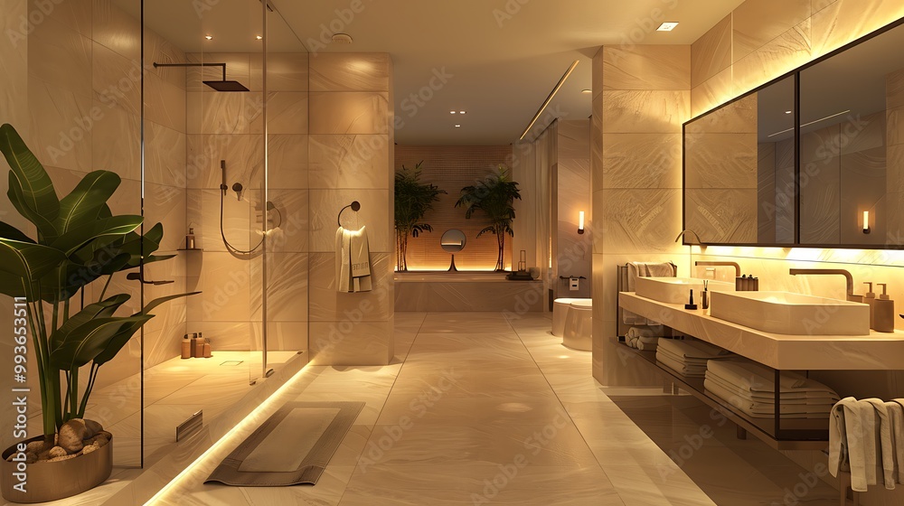 Fototapeta premium Luxurious restroom featuring soft towels and tasteful lighting