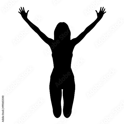 Excited Female Silhouette with Raised Arms Vector Illustration Transparent Background