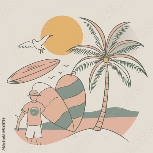 Beauty beach with good wave and surfing graphic illustration vector art tshirt design , 
Man on hammock in skull shape illustration Pro Vector  , Sketch surfer on the beach, sea, palm trees,