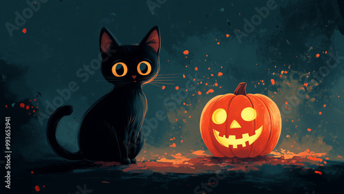 A black cat alongside a Jack o Lantern