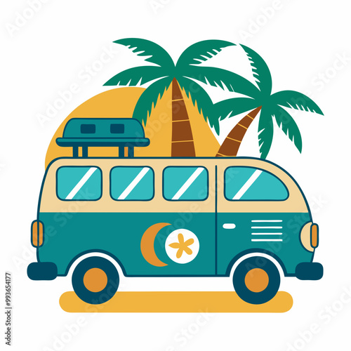 Summer vacation on tropical resort cartoon vector illustration , Travel by car on summer holiday , Vintage 1970s Surf Culture Design with Surf Van Palm Trees and Sunny Beach 