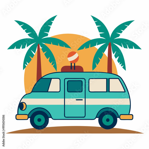 Summer vacation on tropical resort cartoon vector illustration , Travel by car on summer holiday , Vintage 1970s Surf Culture Design with Surf Van Palm Trees and Sunny Beach 