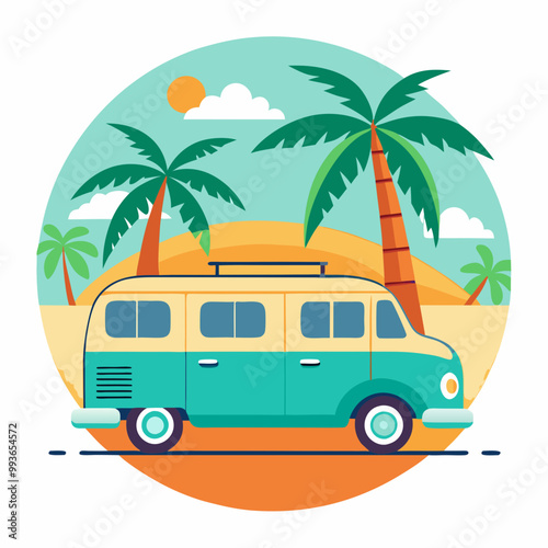 Summer vacation on tropical resort cartoon vector illustration , Travel by car on summer holiday , Vintage 1970s Surf Culture Design with Surf Van Palm Trees and Sunny Beach 