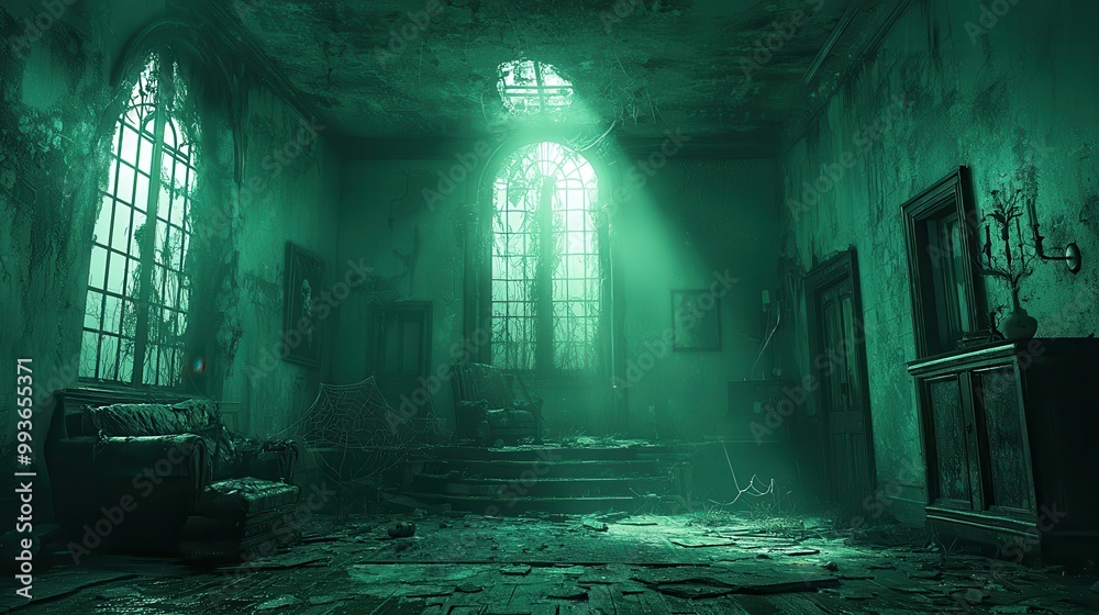 Abandoned Room with Ethereal Light and Green Atmosphere Abandoned Room with Ethereal Light and Green Atmosphere