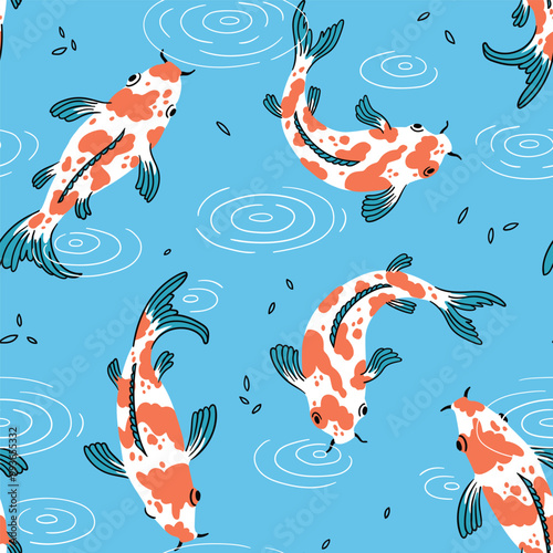 Carp koi seamless pattern in hand-drawn. Chinese and Japanese oriental fabric design. Wallpaper design with koi carp fish and drops on water. Ocean and wave wall art. Vector illustration.