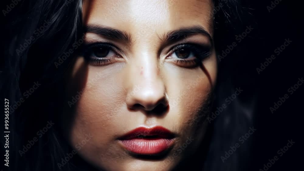 Intense close-up portrait of a woman with dramatic lighting and shadow play Intense close-up portrait of a woman with dramatic lighting and shadow play