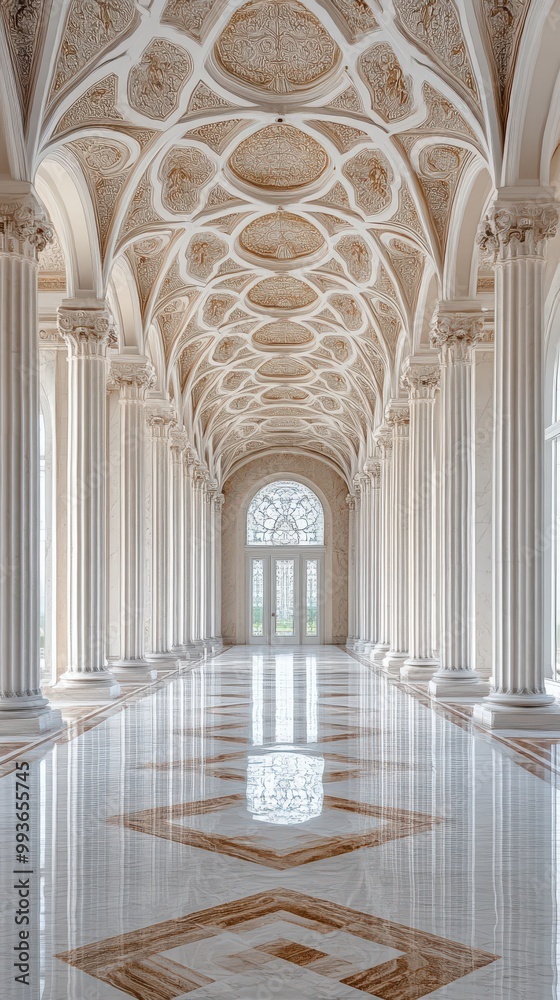 Fototapeta premium Spacious marble hall with towering columns, arched ceilings, and streaming sunlight