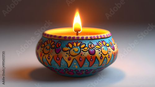 Colorful Traditional Indian Diwali Oil Lamp Decorated with Flowers 