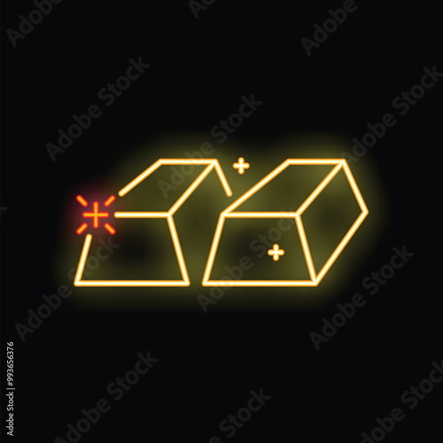 Neon sign illustrating two gold bars being hit by a red laser beam on a black background