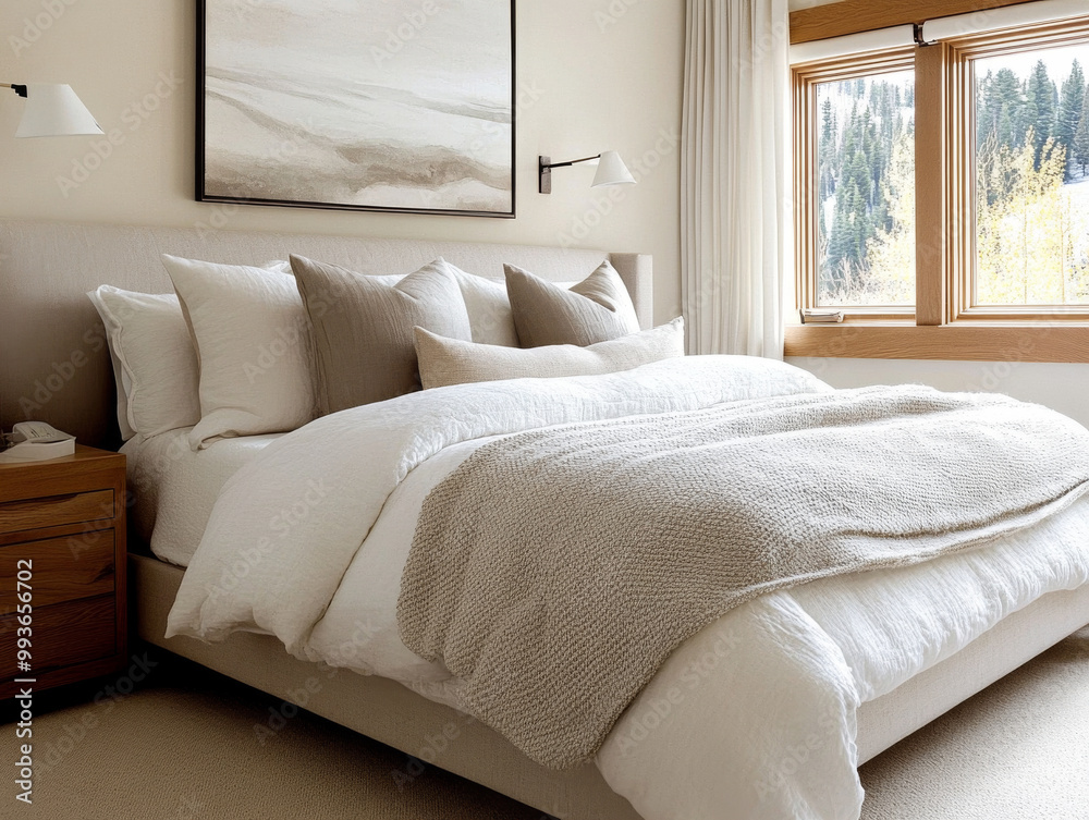A tranquil bedroom with soft, neutral tones, layered bedding, and textured pillows, designed for relaxation and comfort. A tranquil bedroom with soft, neutral tones, layered bedding, and textured pillows, designed for relaxation and comfort.