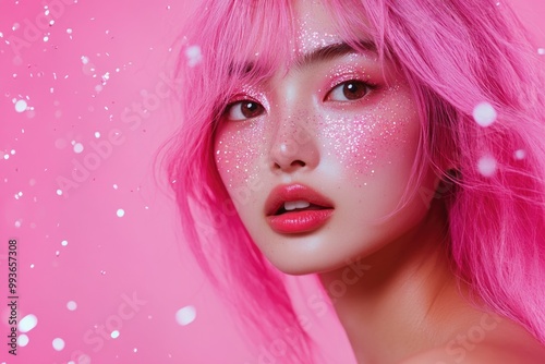 A beautiful Asian woman with pink hair and glittery makeup against a pink background.